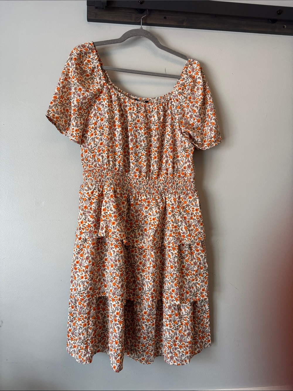 Women’s Orange Floral Smocked Midi Dress
